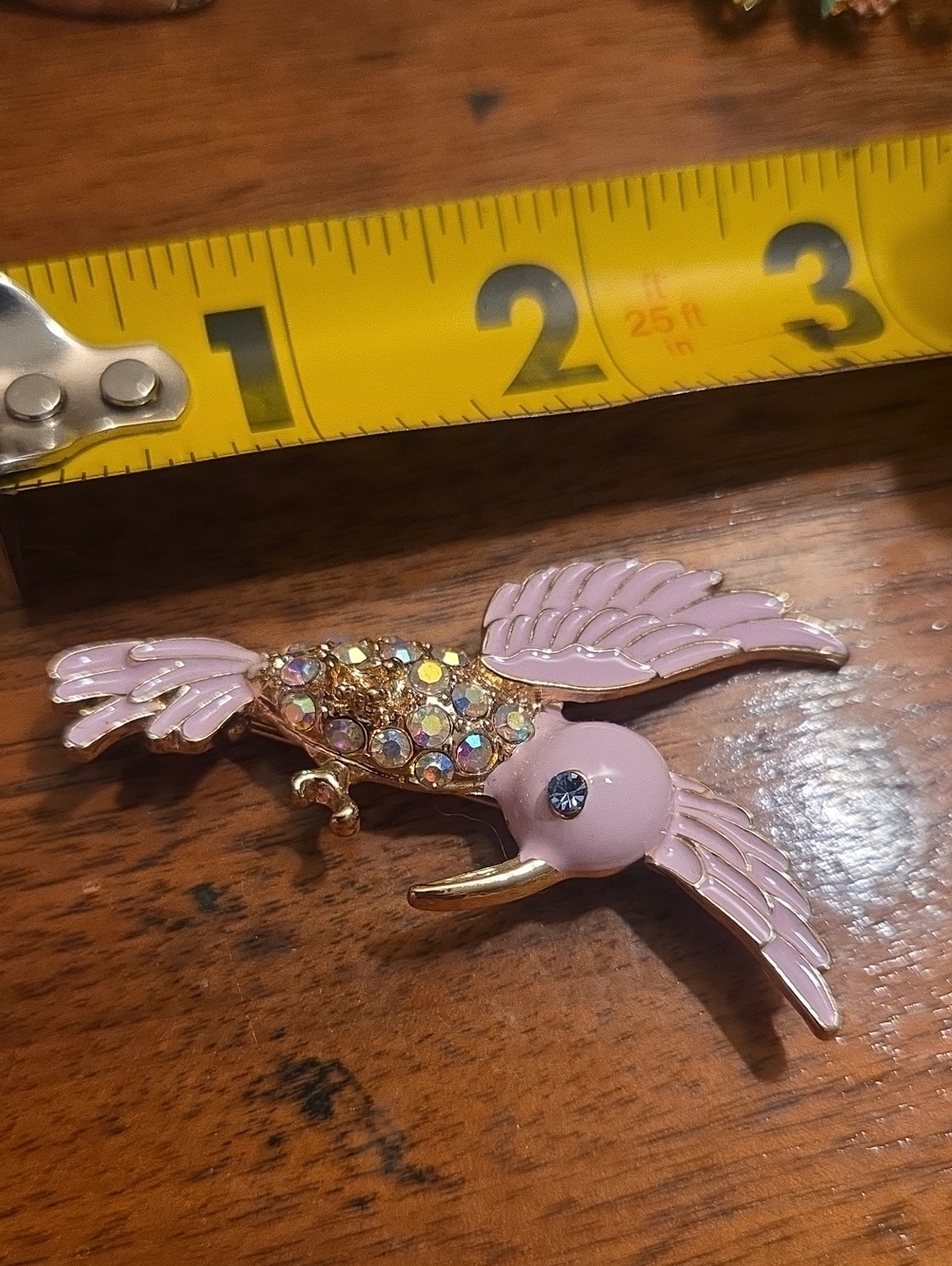 Vintage Hummingbird Pin Brooch Pink Rhinestones Crystal Goldtone 2.5"